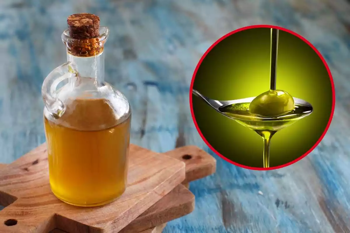 Botella de aceite de oliva con una foto destacada a la derecha de una cuchara con una aceituna y aceite de oliva
