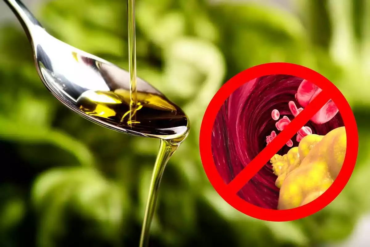Cuchara con aceite de oliva con una foto destacada a la derecha del colesterol malo en sangre