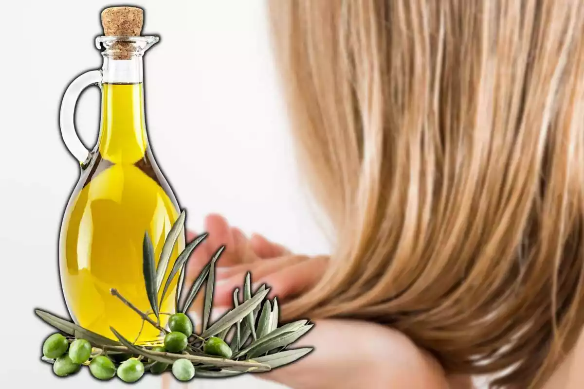 Aceitera con aceite de oliva y chica tocándose el pelo