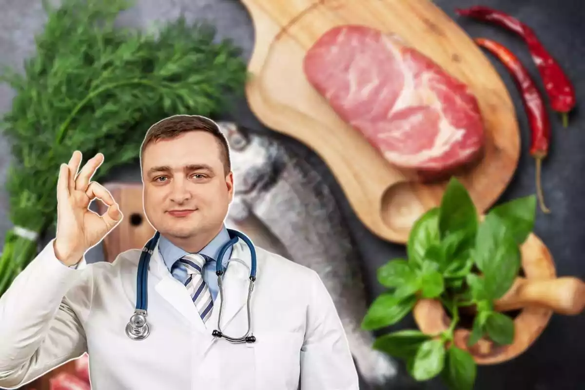 Médico haciendo gesto de 'ok' y carne y pescado de fondo