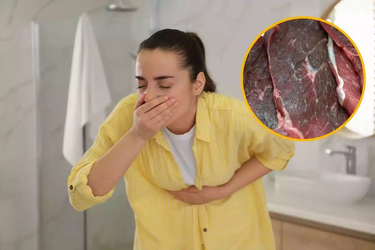Persona con nauseas y dolor de estomago acompañada de una foto destaca de un filete de ternera en mal estado