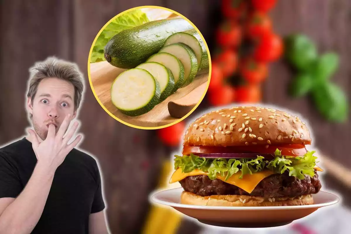 Hombre chupándose los dedos con dos imágenes: una hamburguesa completa y un calabacín trozeado