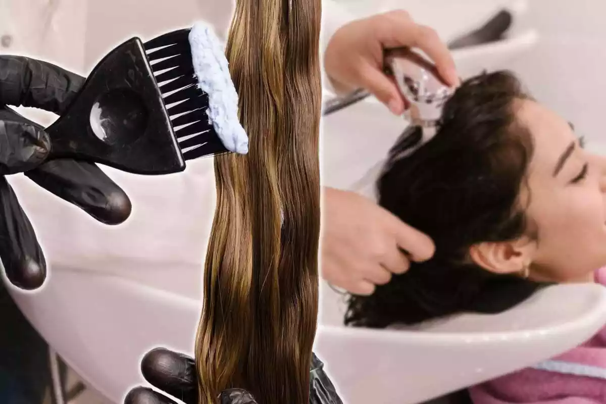 Montaje con una mujer en la peluquería y unas manos tiñendo un mechón de pelo