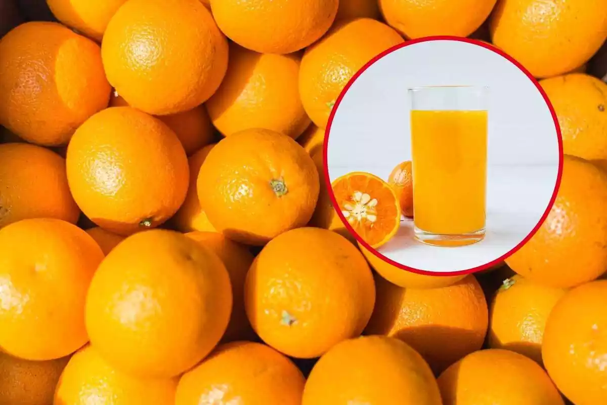 Montaje con el fonde lleno de naranjas y un marco con una imagen de un zumo de naranja