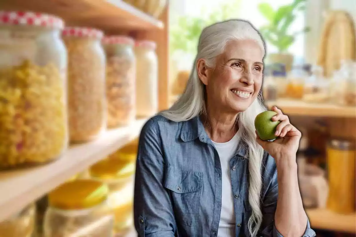 Mujer mayor sosteniendo una manzana con un fondo de una despensa