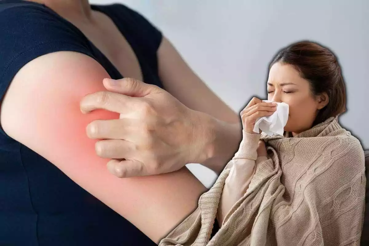 Mujer resfriada sonándose la nariz con el fondo de una persona rascándose el brazo