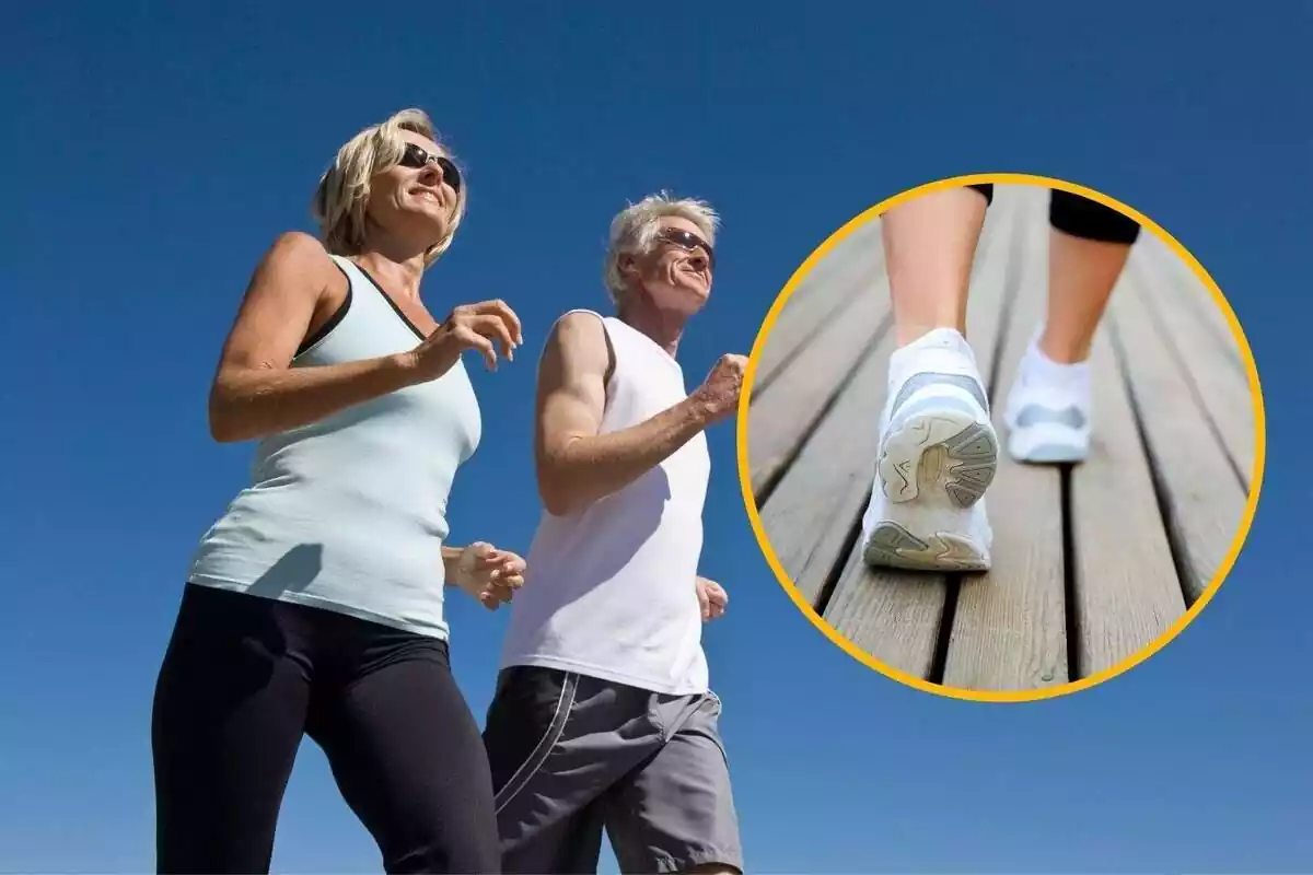 Una pareja de más e 50 años caminando junto a un primer plano de zapatillas de correr