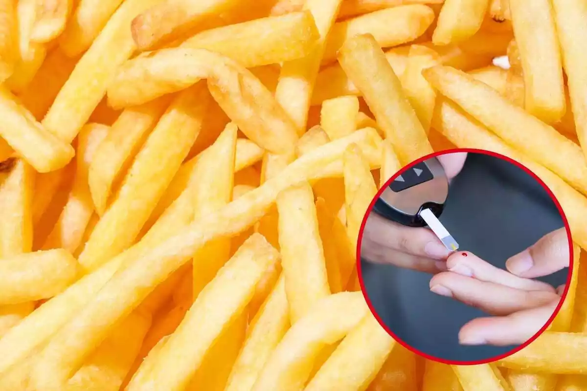 Conjunto de patatas fritas con una imagen destacada a la derecha de una mano siendo pinchada por un aparato médico