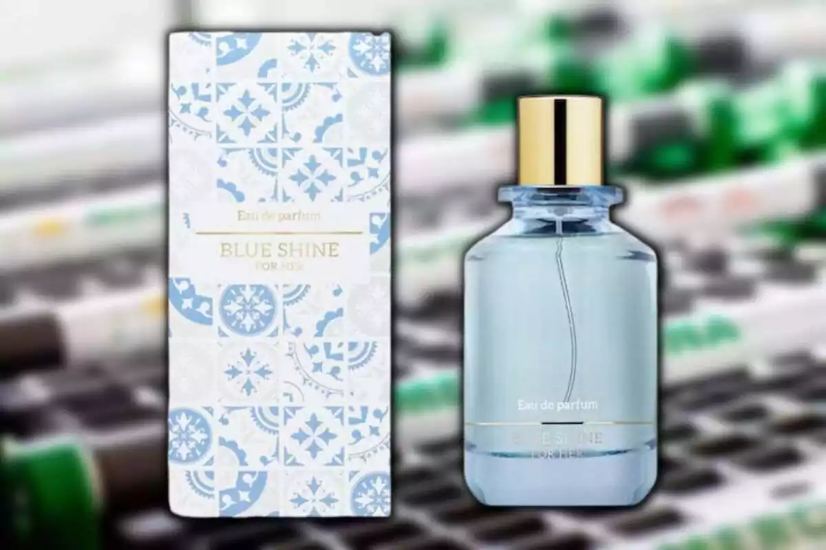 Montaje con perfume de Mercadona con frasco de color azul