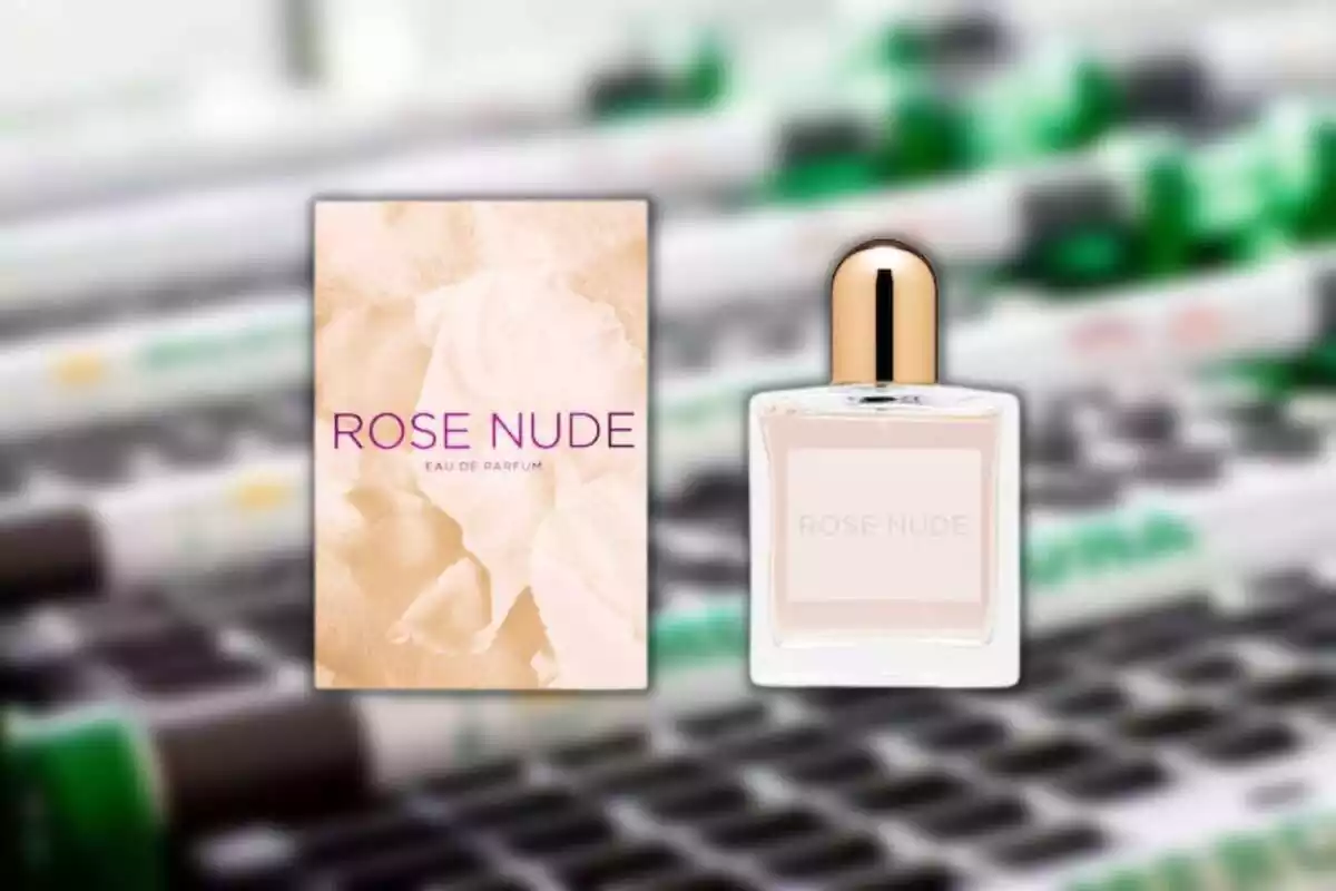 Montaje con los carritos de Mercadona de fondo y el perfume Rose Nude