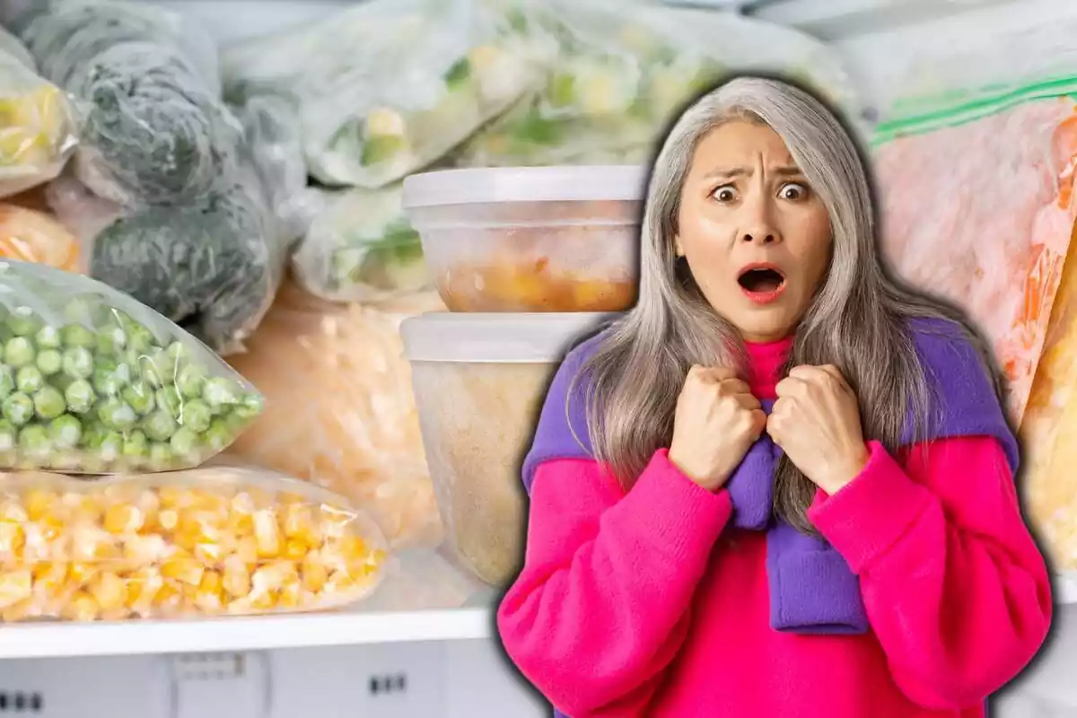 Mujer asustada con una imagen de fondo de un congelador con alimentos congelados