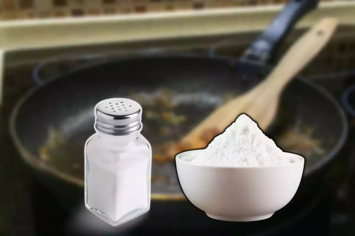 Bote de sal y bol con bicarbonato y de fondo una sartén sucia