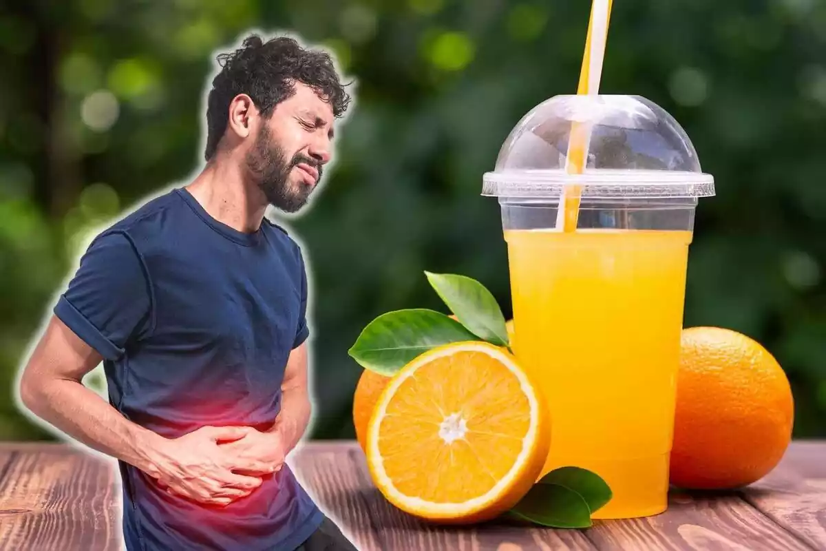 Hombre con dolor en la tripa con la imagen de fondo de un zumo de naranja